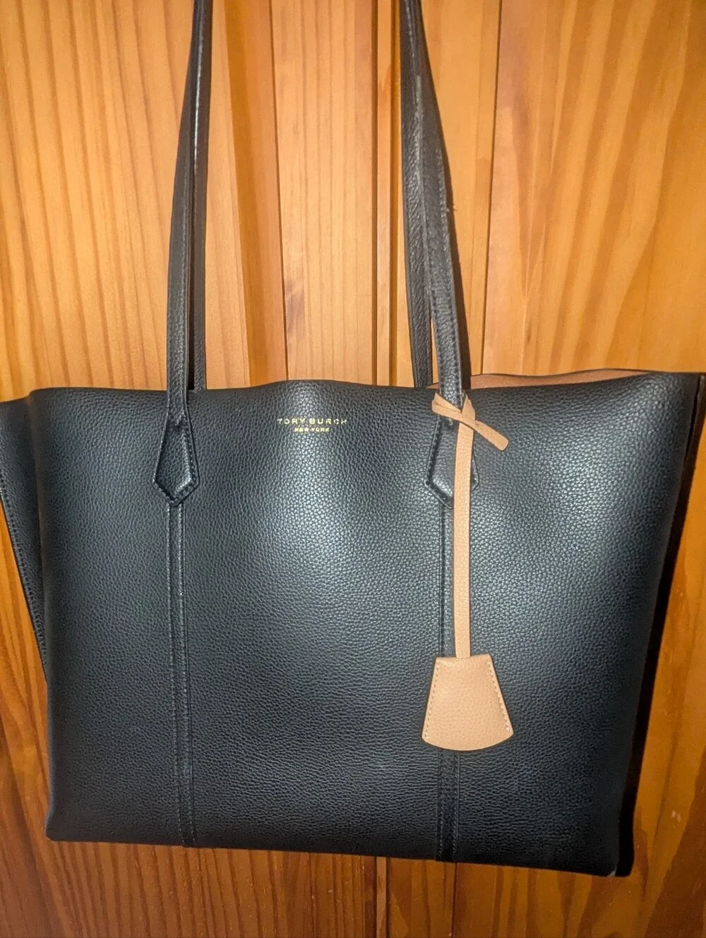 Tory Burch Perry Compartment Black Leather Tote with Tan Charm